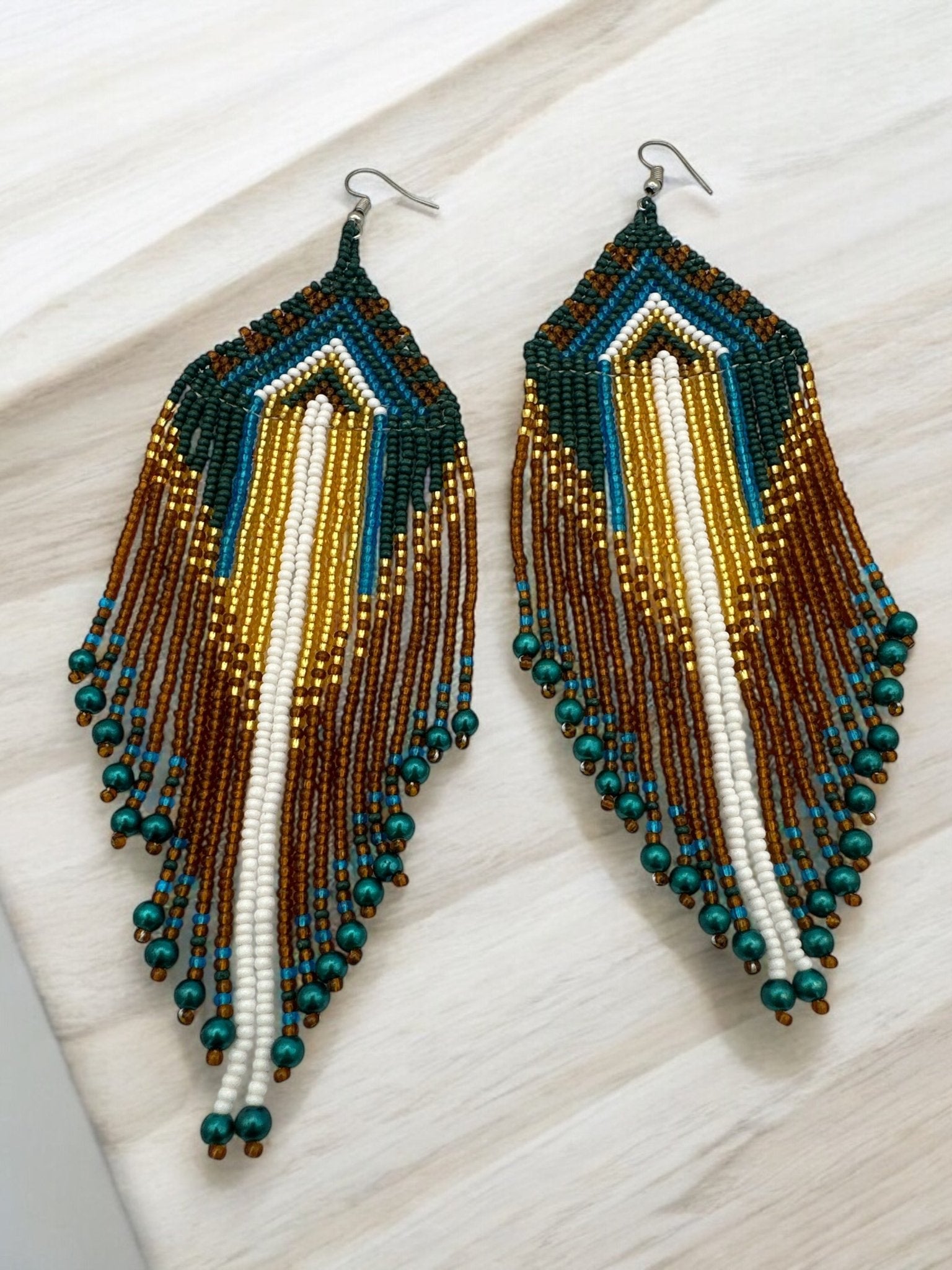 Long Elegant Green Multi - Beaded Ethnic Dangle Earrings – Authentic Handmade Native Jewellery - Fatisha Boutique