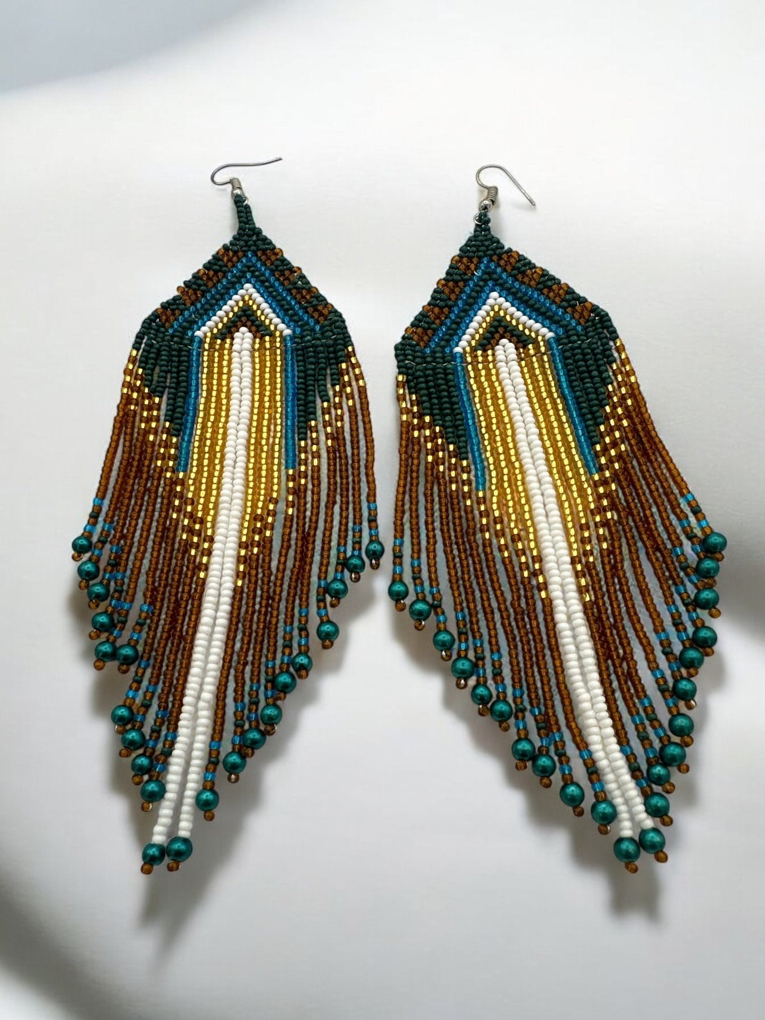 Long Elegant Green Multi - Beaded Ethnic Dangle Earrings – Authentic Handmade Native Jewellery - Fatisha Boutique