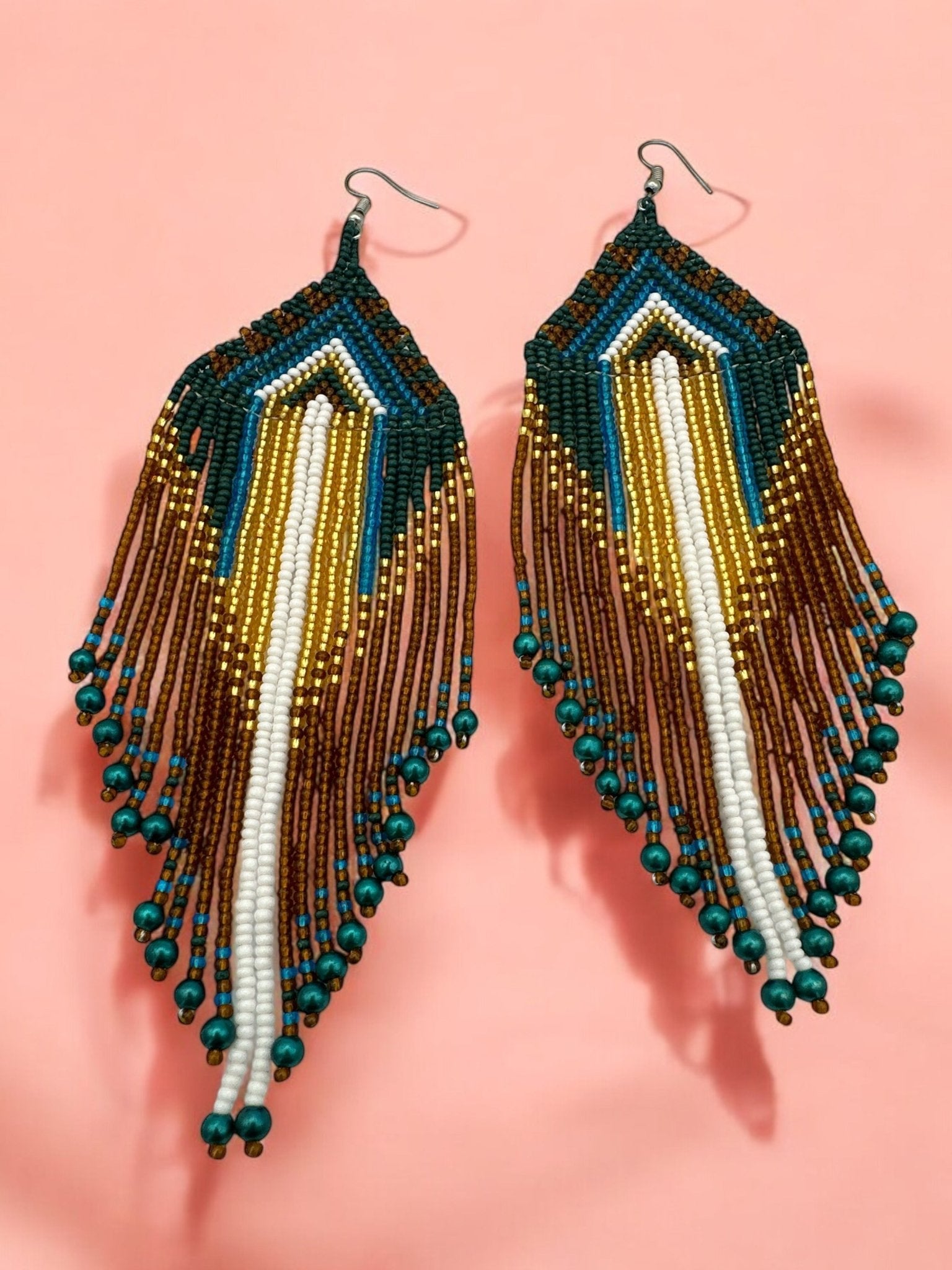 Long Elegant Green Multi - Beaded Ethnic Dangle Earrings – Authentic Handmade Native Jewellery - Fatisha Boutique