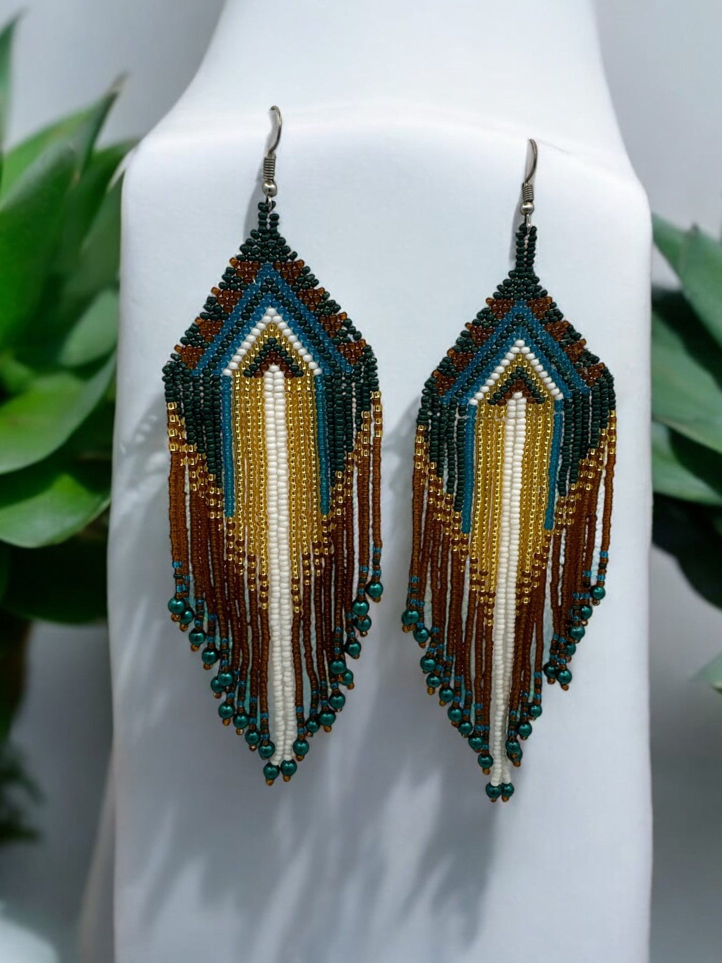 Long Elegant Green Multi - Beaded Ethnic Dangle Earrings – Authentic Handmade Native Jewellery - Fatisha Boutique
