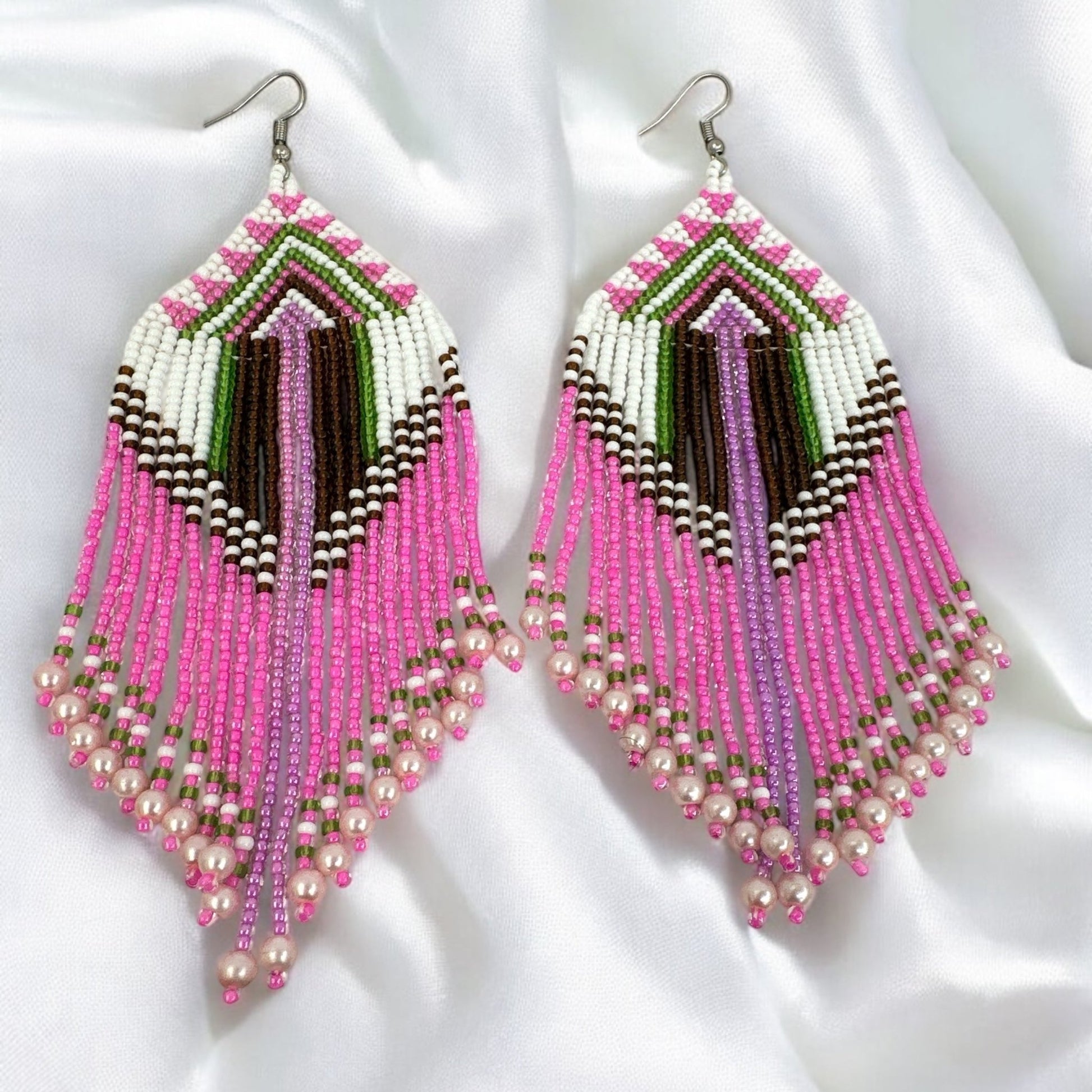 Long Elegant Pink Beaded Dangle Earrings | Authentic African Ethnic Jewellery - Fatisha Boutique