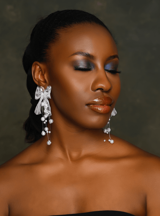 Long Faux Pearl Bow Lace Rhinestone Lightweight Stud Earrings - Fatisha Boutique