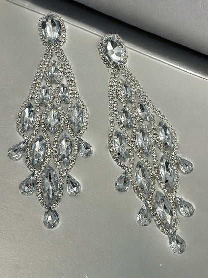 Long Glamorous Diamante Rhinestone Teardrop Tassel Statement Earrings - Fatisha Boutique