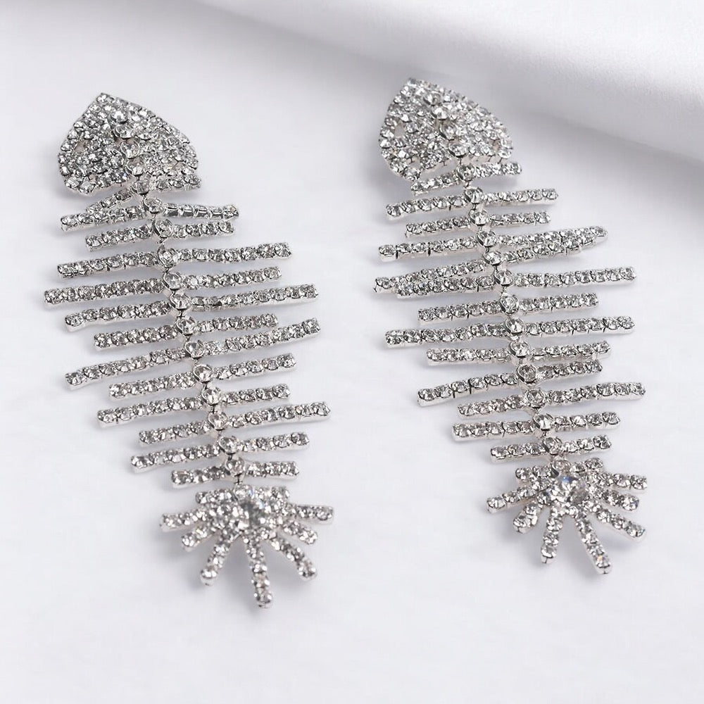 Long Glamorous Fishbone Crystal Rhinestone Drop Dangle Statement Earrings - Fatisha Boutique