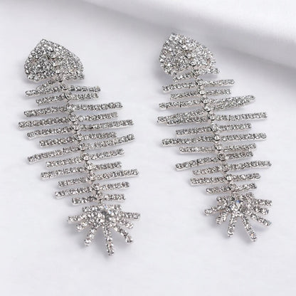 Long Glamorous Fishbone Crystal Rhinestone Drop Dangle Statement Earrings - Fatisha Boutique