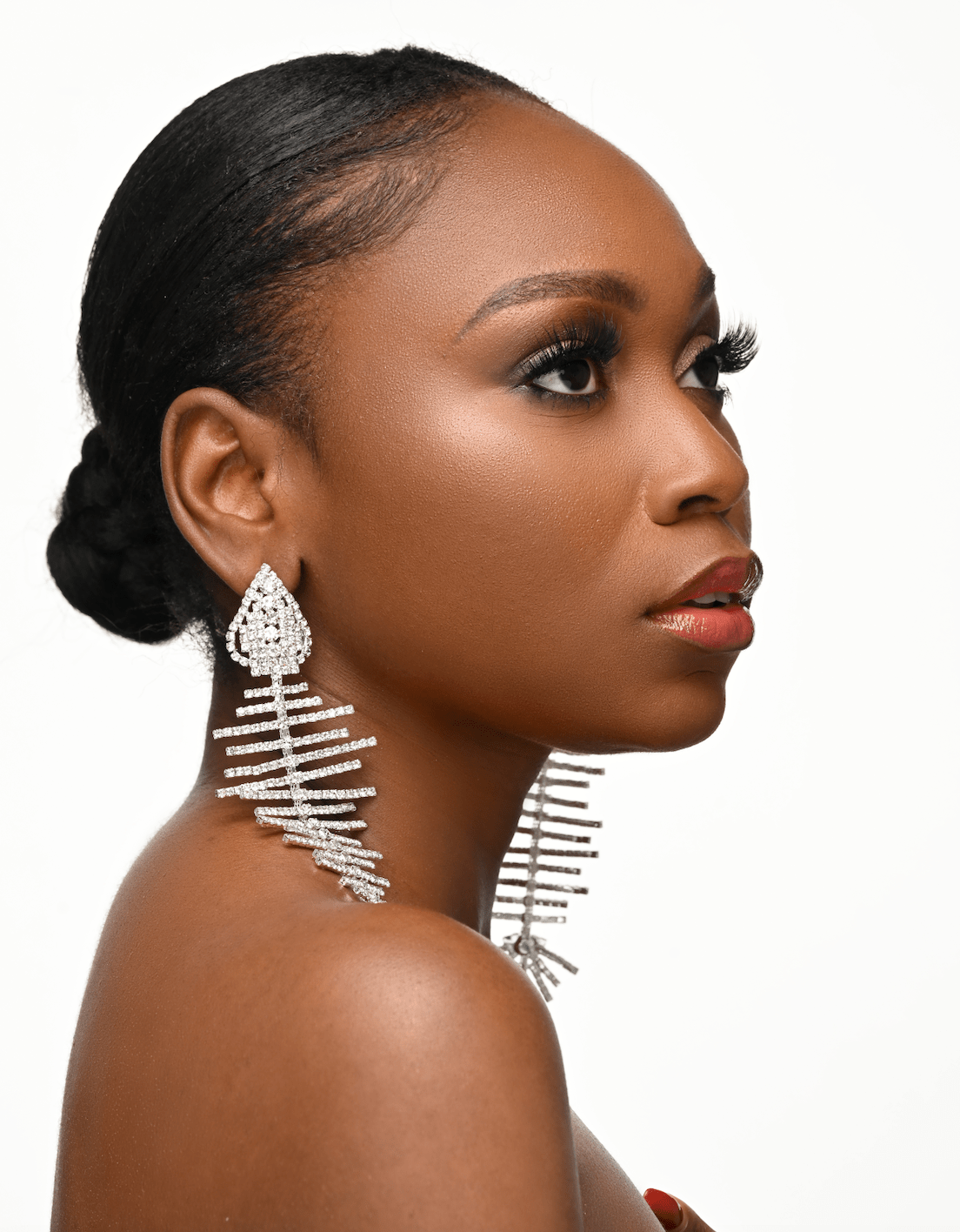 Long Glamorous Fishbone Crystal Rhinestone Drop Dangle Statement Earrings - Fatisha Boutique