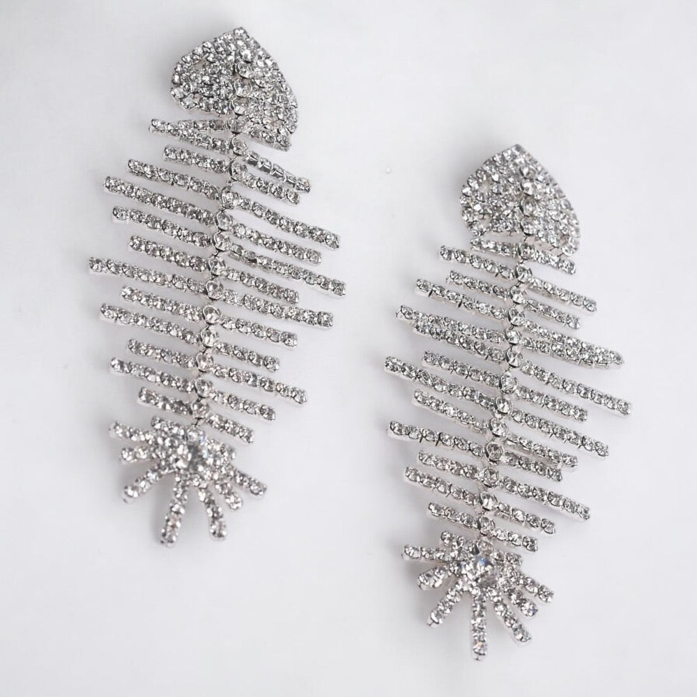 Long Glamorous Fishbone Crystal Rhinestone Drop Dangle Statement Earrings - Fatisha Boutique