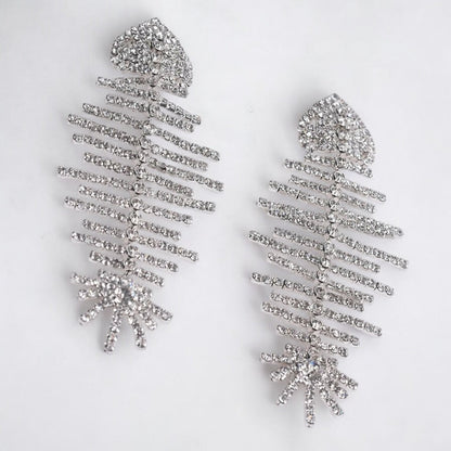 Long Glamorous Fishbone Crystal Rhinestone Drop Dangle Statement Earrings - Fatisha Boutique