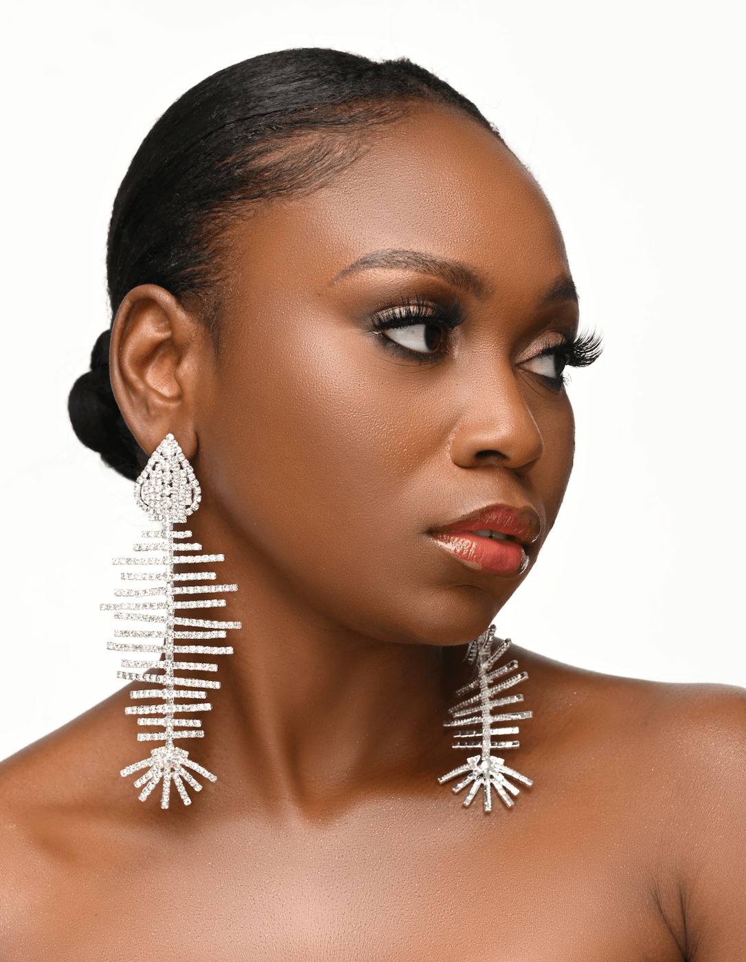 Long Glamorous Fishbone Crystal Rhinestone Drop Dangle Statement Earrings - Fatisha Boutique