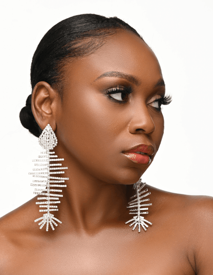 Long Glamorous Fishbone Crystal Rhinestone Drop Dangle Statement Earrings - Fatisha Boutique