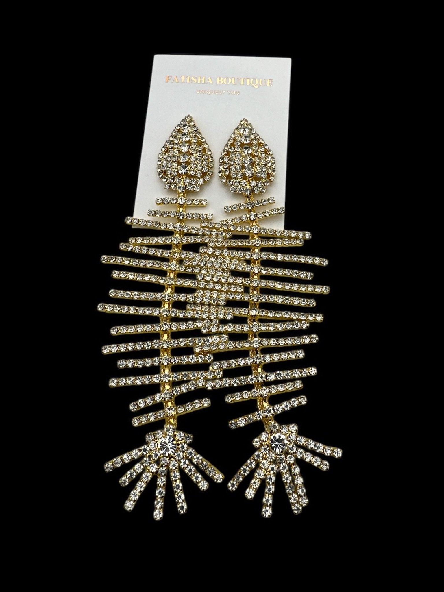 Long Glamorous Fishbone Rhinestone Earrings – Sparkly Crystal Drop Statement Fashion Jewellery - Fatisha Boutique