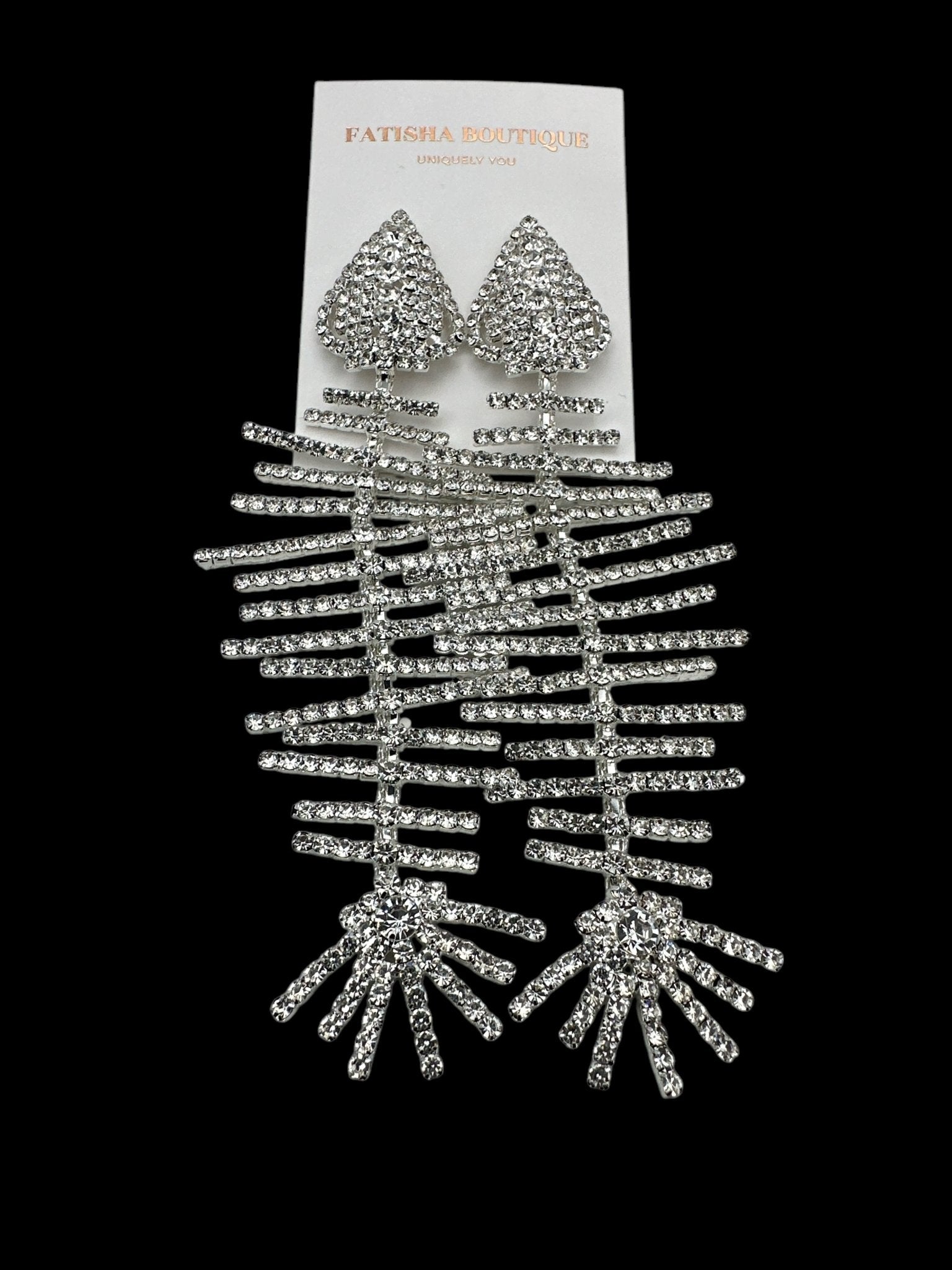 Long Glamorous Fishbone Rhinestone Earrings – Sparkly Crystal Drop Statement Fashion Jewellery - Fatisha Boutique