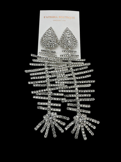 Long Glamorous Fishbone Rhinestone Earrings – Sparkly Crystal Drop Statement Fashion Jewellery - Fatisha Boutique