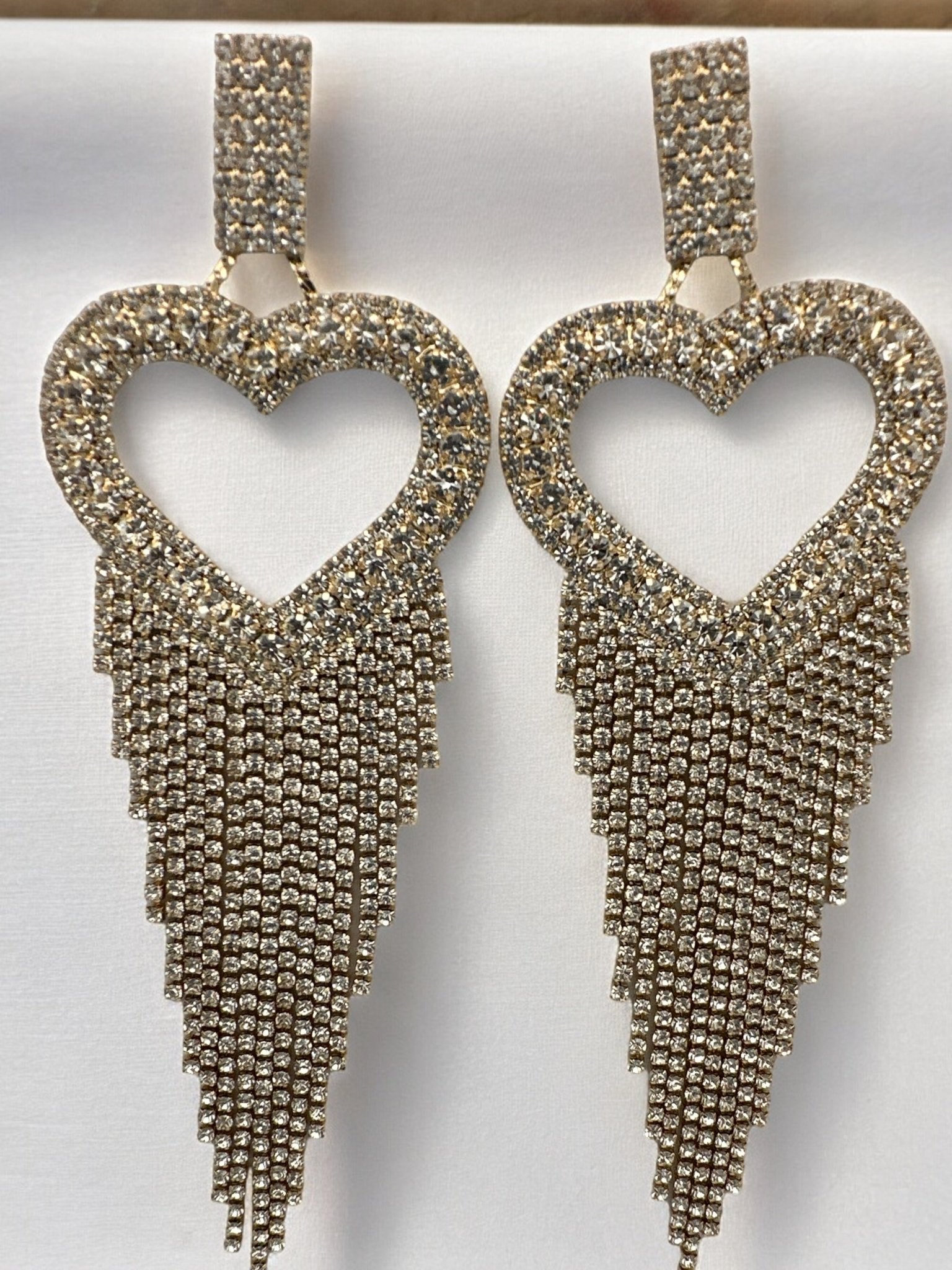 Long Glamorous Statement Diamante Heart Shaped Design Rhinestone Tassel Earrings - Fatisha Boutique