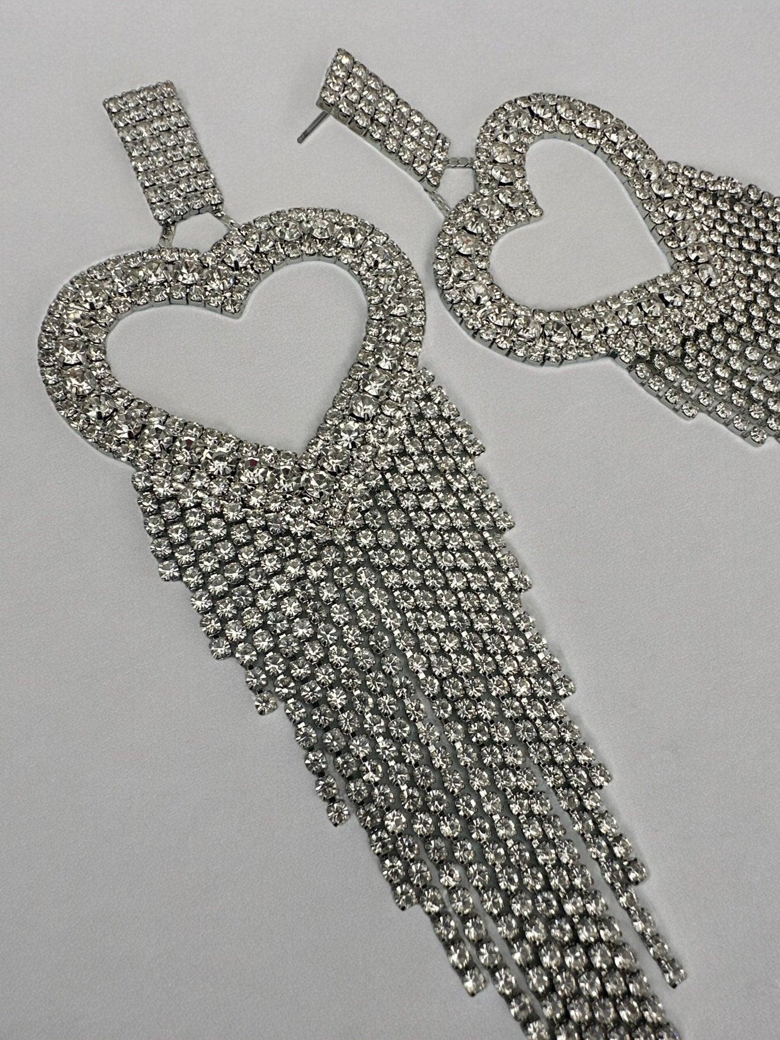Long Glamorous Statement Diamante Heart Shaped Design Rhinestone Tassel Earrings - Fatisha Boutique