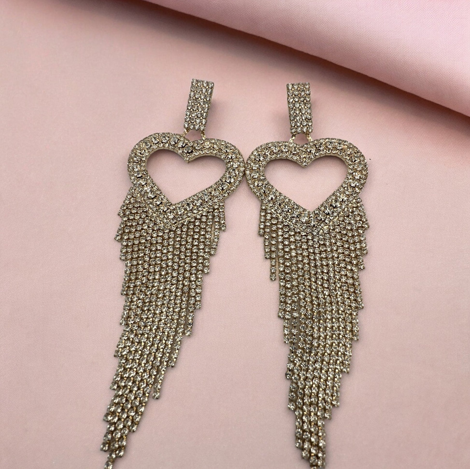 Long Glamorous Statement Diamante Heart Shaped Design Rhinestone Tassel Earrings - Fatisha Boutique
