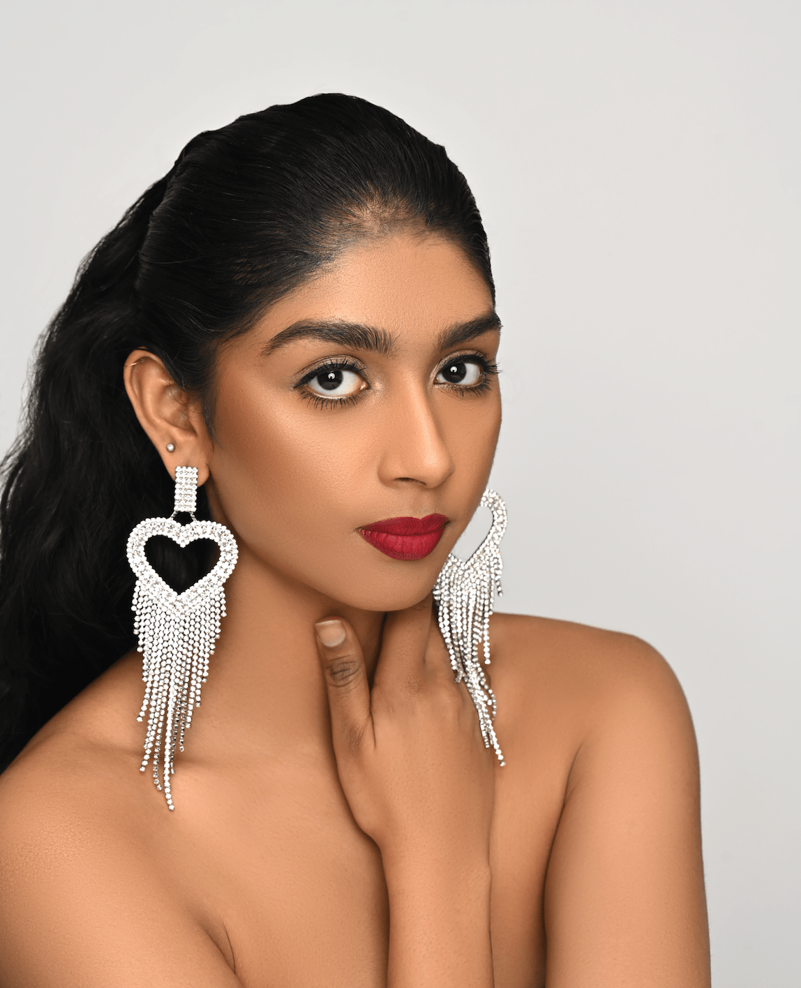Long Glamorous Statement Diamante Heart Shaped Design Rhinestone Tassel Earrings - Fatisha Boutique