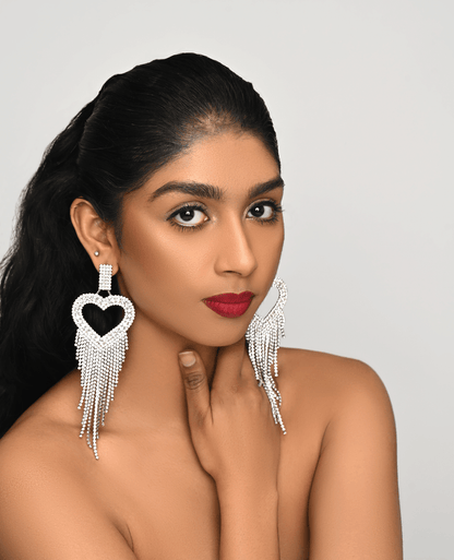 Long Glamorous Statement Diamante Heart Shaped Design Rhinestone Tassel Earrings - Fatisha Boutique