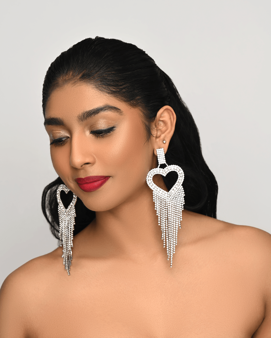 Long Glamorous Statement Diamante Heart Shaped Design Rhinestone Tassel Earrings - Fatisha Boutique