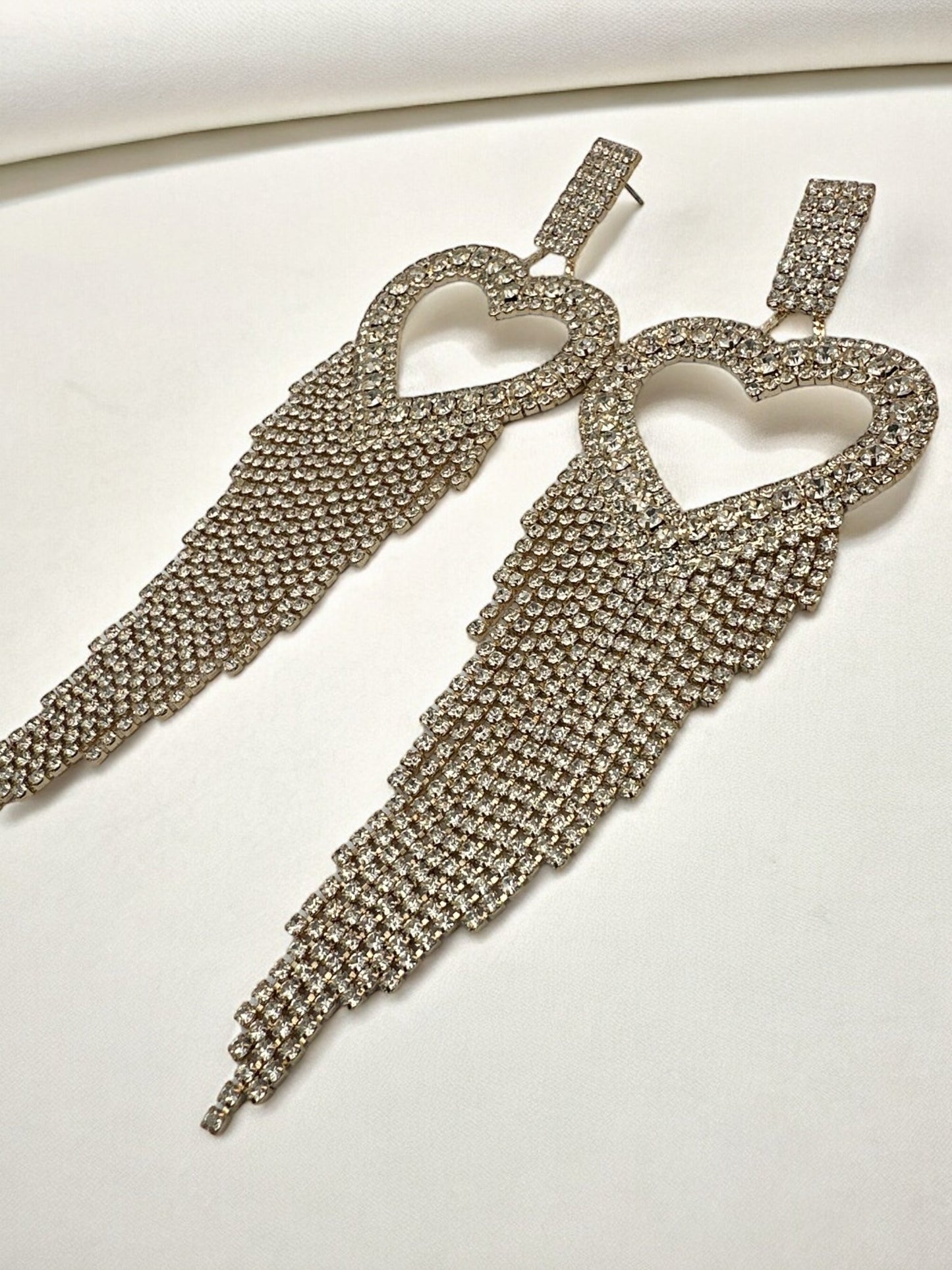 Long Glamorous Statement Diamante Heart Shaped Design Rhinestone Tassel Earrings - Fatisha Boutique