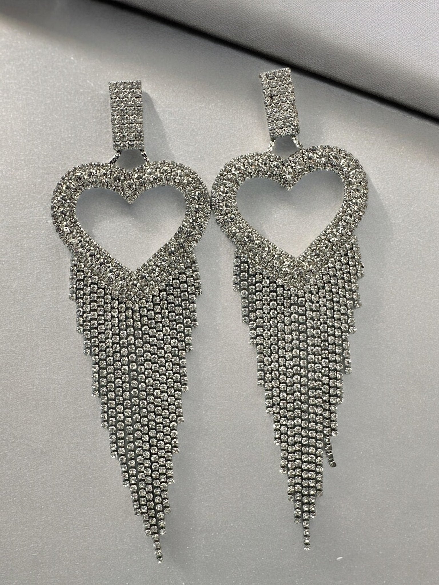 Long Glamorous Statement Diamante Heart Shaped Design Rhinestone Tassel Earrings - Fatisha Boutique