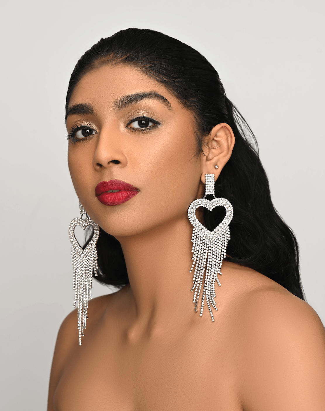 Long Glamorous Statement Diamante Heart Shaped Design Rhinestone Tassel Earrings - Fatisha Boutique