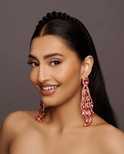 Long Pink Glamorous Diamante Rhinestone Teardrop Tassel Statement Earrings - Fatisha Boutique