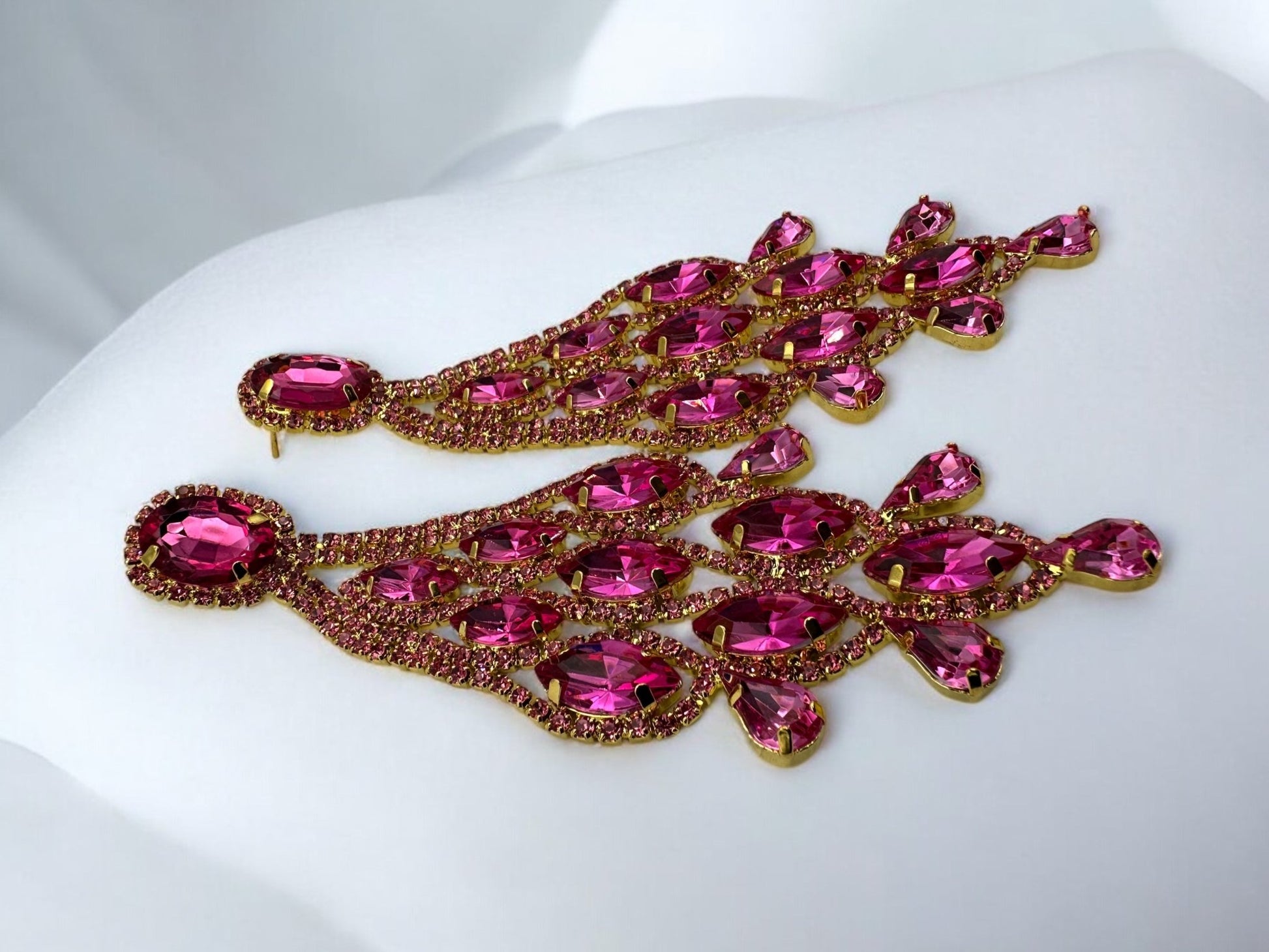 Long Pink Glamorous Diamante Rhinestone Teardrop Tassel Statement Earrings - Fatisha Boutique