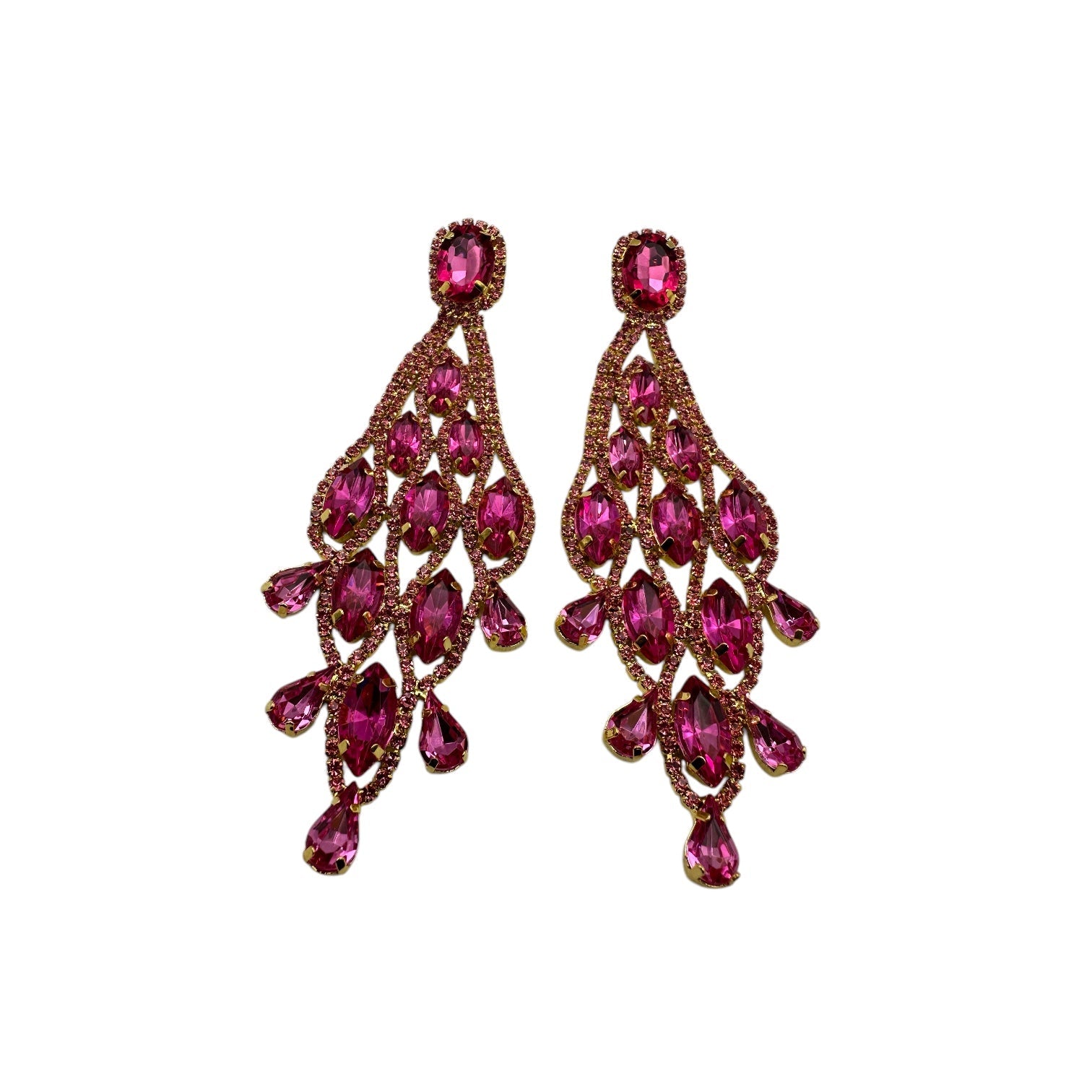 Long Pink Glamorous Diamante Rhinestone Teardrop Tassel Statement Earrings - Fatisha Boutique