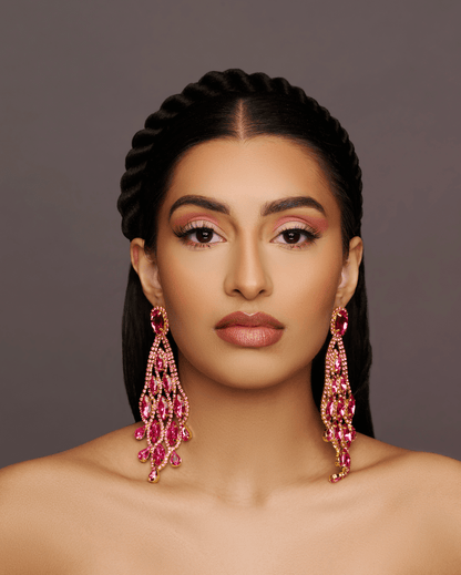 Long Pink Glamorous Diamante Rhinestone Teardrop Tassel Statement Earrings - Fatisha Boutique