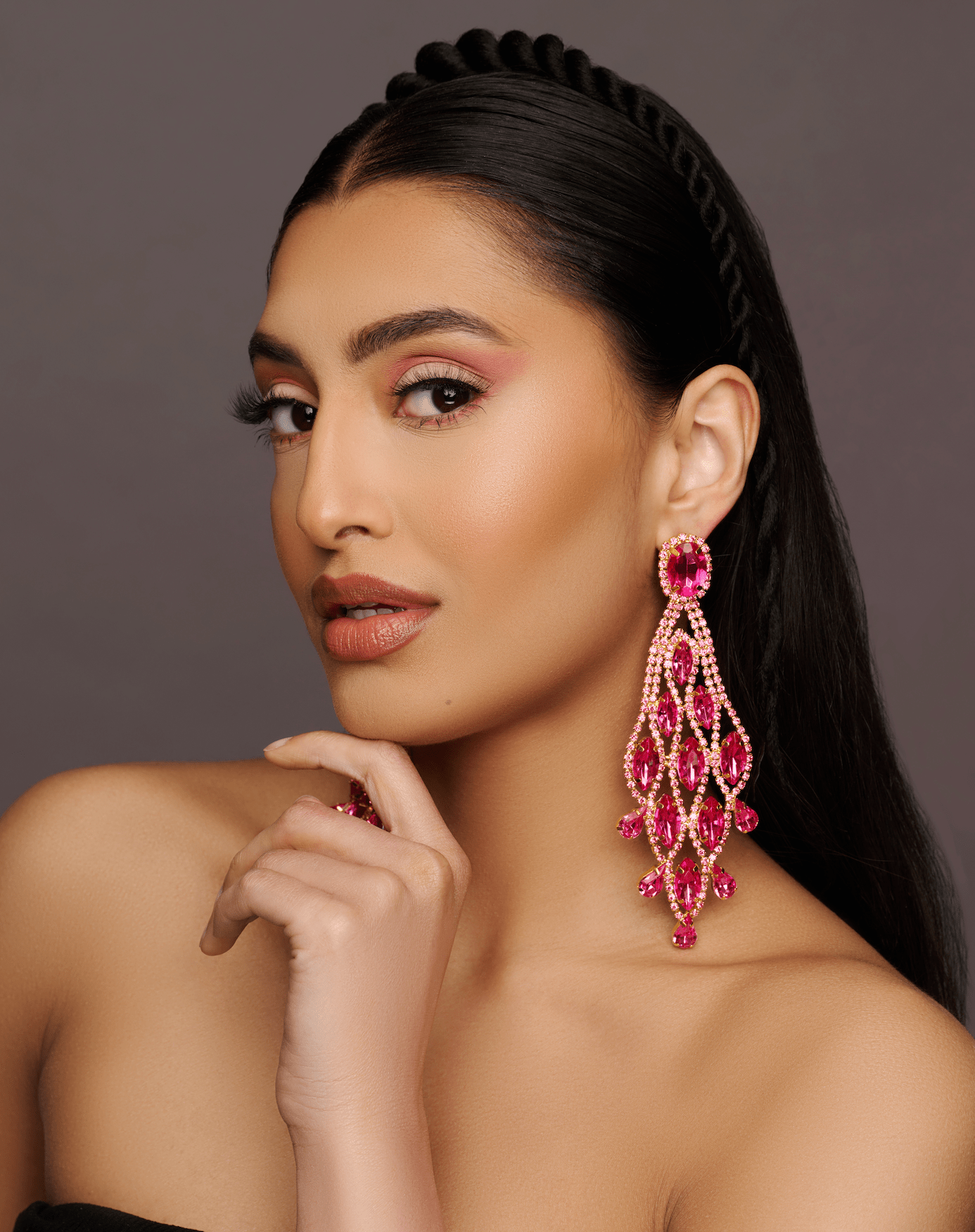 Long Pink Glamorous Diamante Rhinestone Teardrop Tassel Statement Earrings - Fatisha Boutique