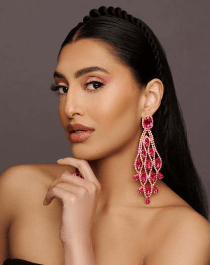 Long Pink Glamorous Diamante Rhinestone Teardrop Tassel Statement Earrings - Fatisha Boutique