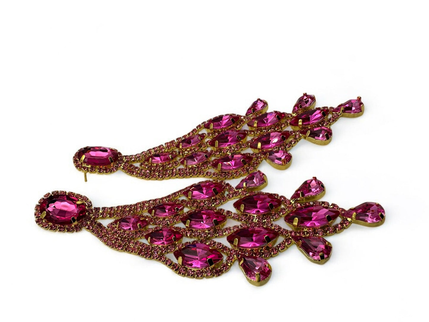 Long Pink Glamorous Diamante Rhinestone Teardrop Tassel Statement Earrings - Fatisha Boutique
