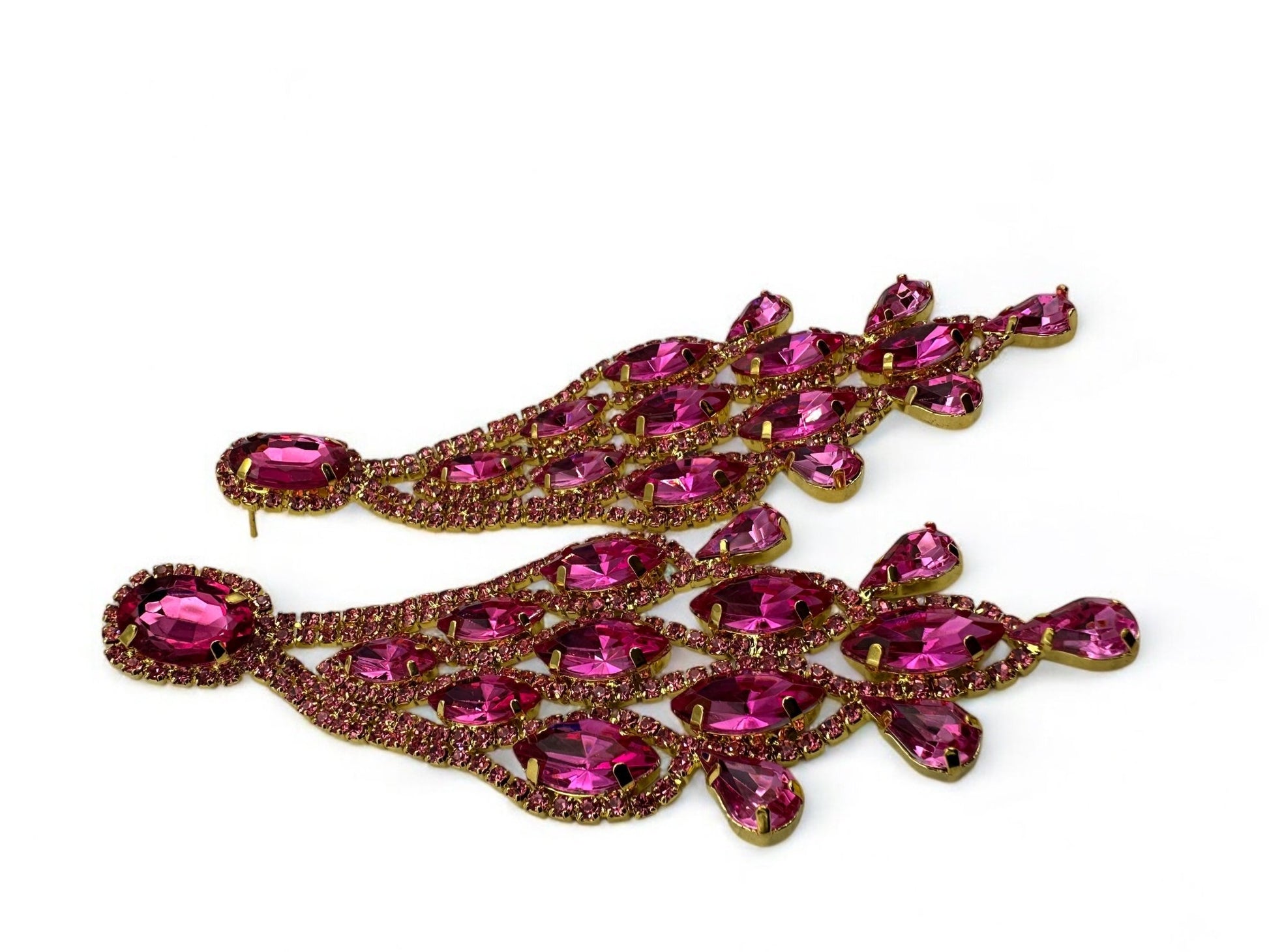 Long Pink Glamorous Diamante Rhinestone Teardrop Tassel Statement Earrings - Fatisha Boutique