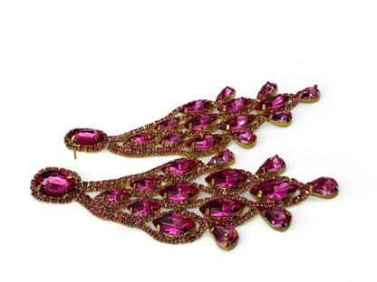 Long Pink Glamorous Diamante Rhinestone Teardrop Tassel Statement Earrings - Fatisha Boutique