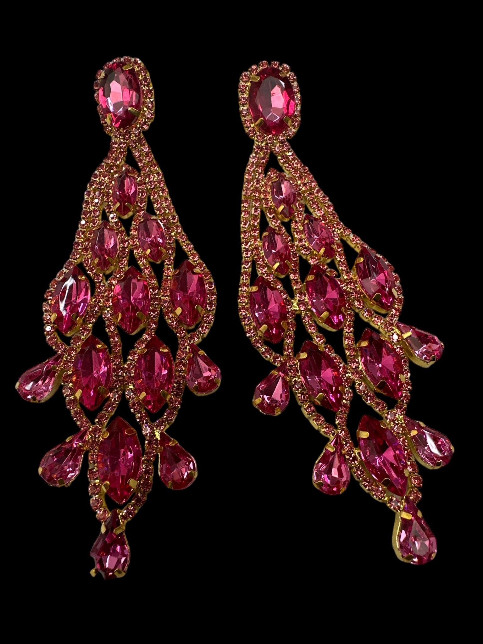 Long Pink Glamorous Diamante Rhinestone Teardrop Tassel Statement Earrings - Fatisha Boutique