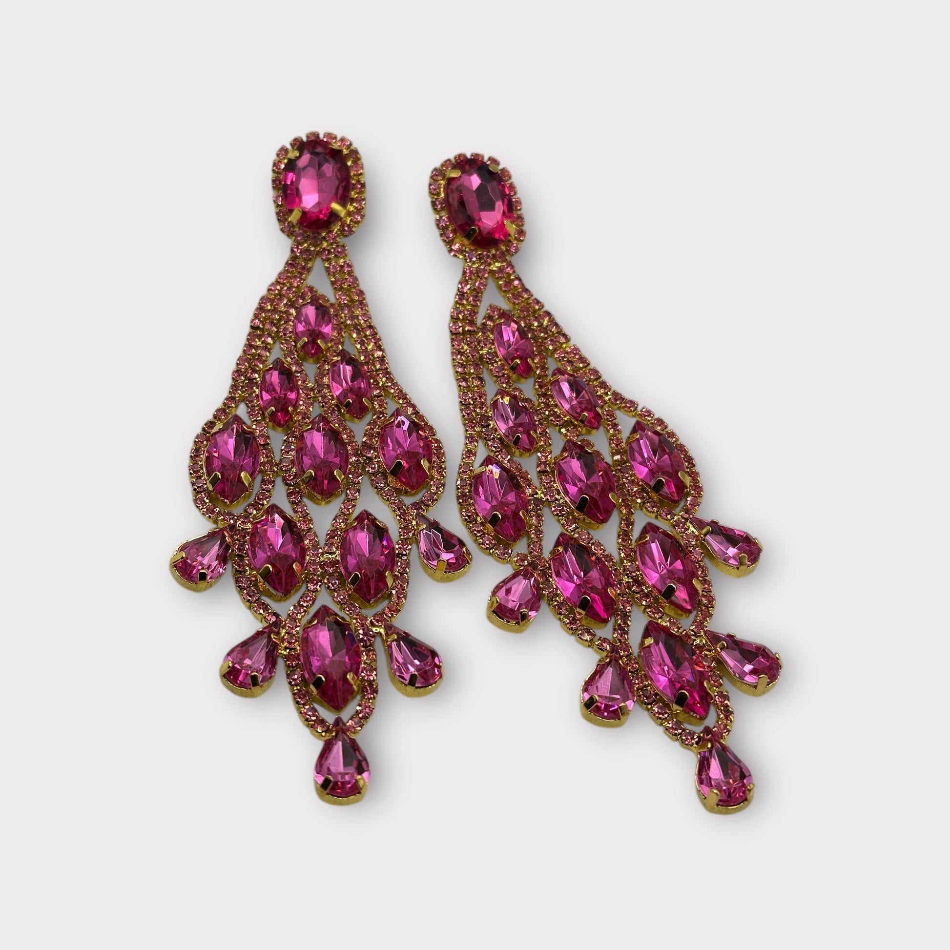 Long Pink Glamorous Diamante Rhinestone Teardrop Tassel Statement Earrings - Fatisha Boutique