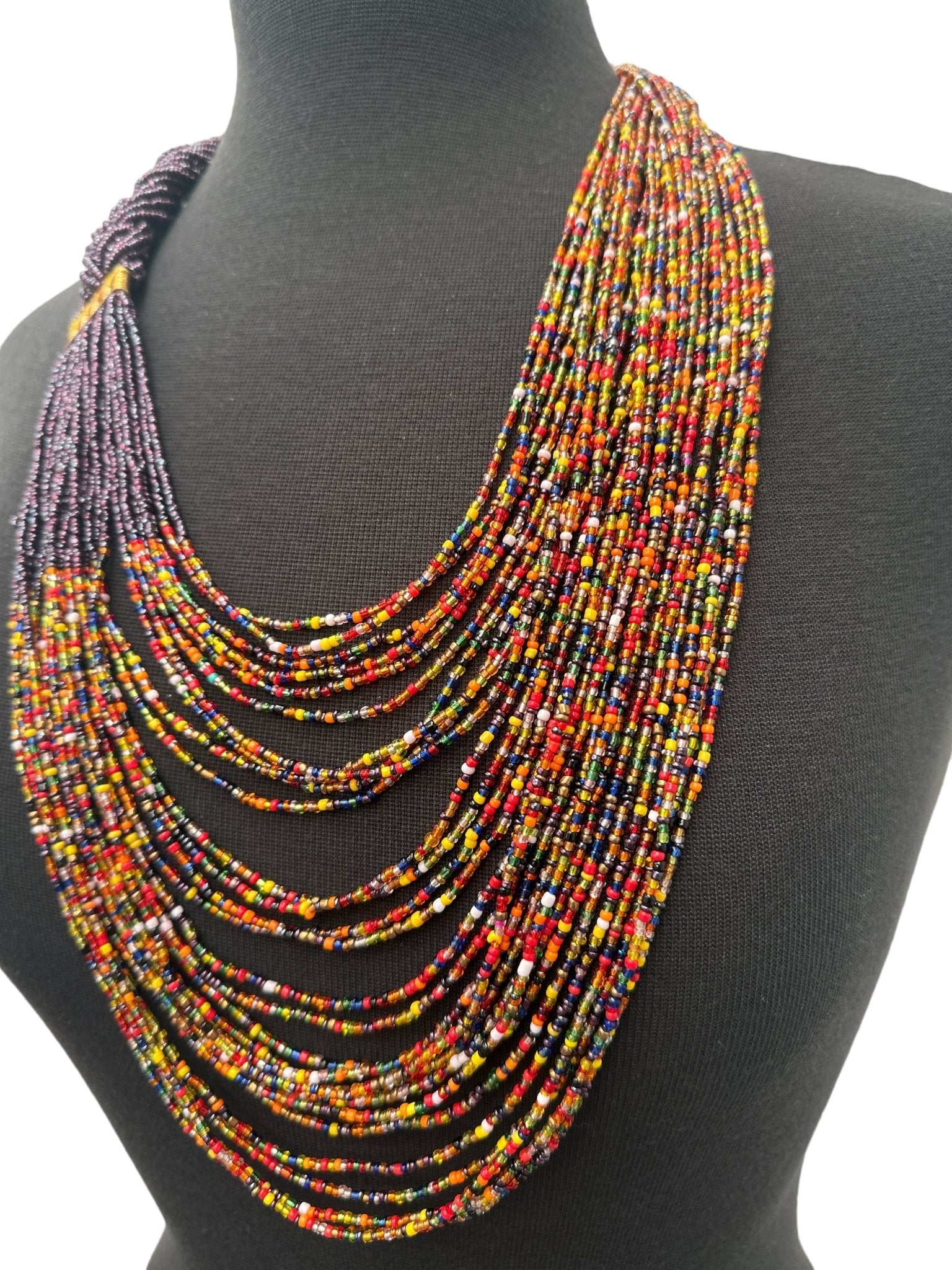 Long Purple And Multicolours Braided Beaded African Ethnic Necklace - Fatisha Boutique