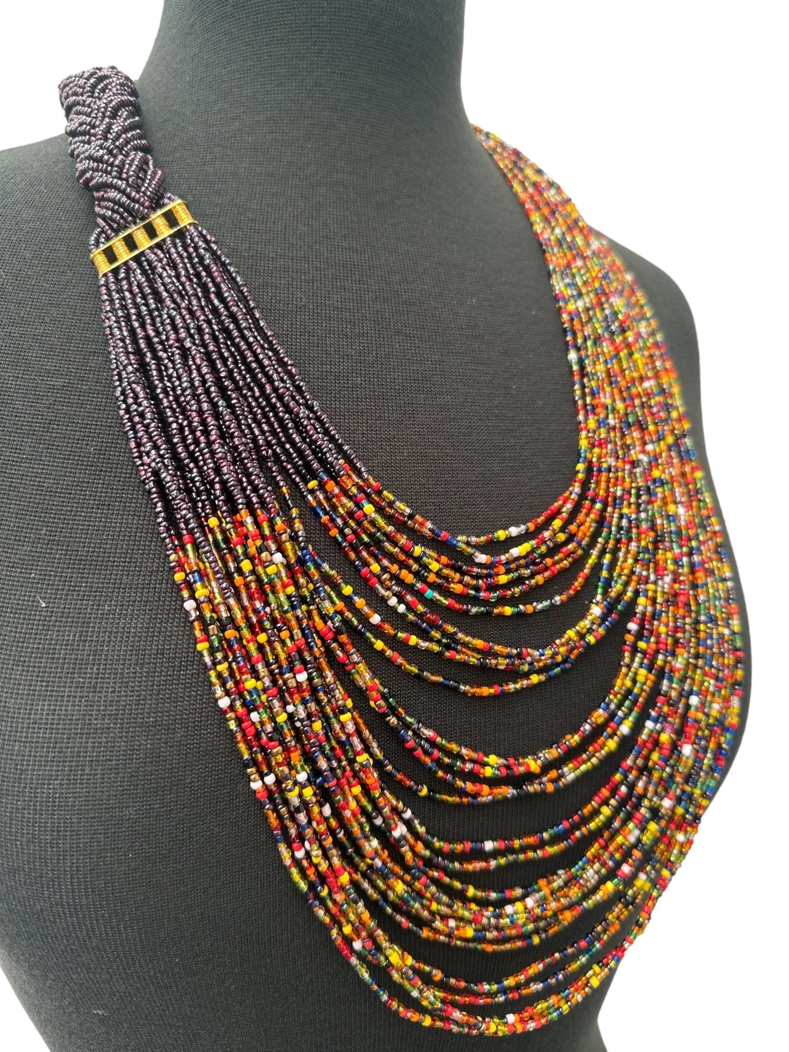 Long Purple And Multicolours Braided Beaded African Ethnic Necklace - Fatisha Boutique