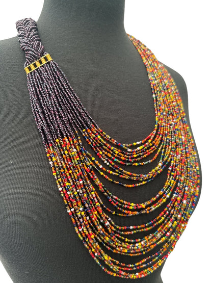 Long Purple And Multicolours Braided Beaded African Ethnic Necklace - Fatisha Boutique