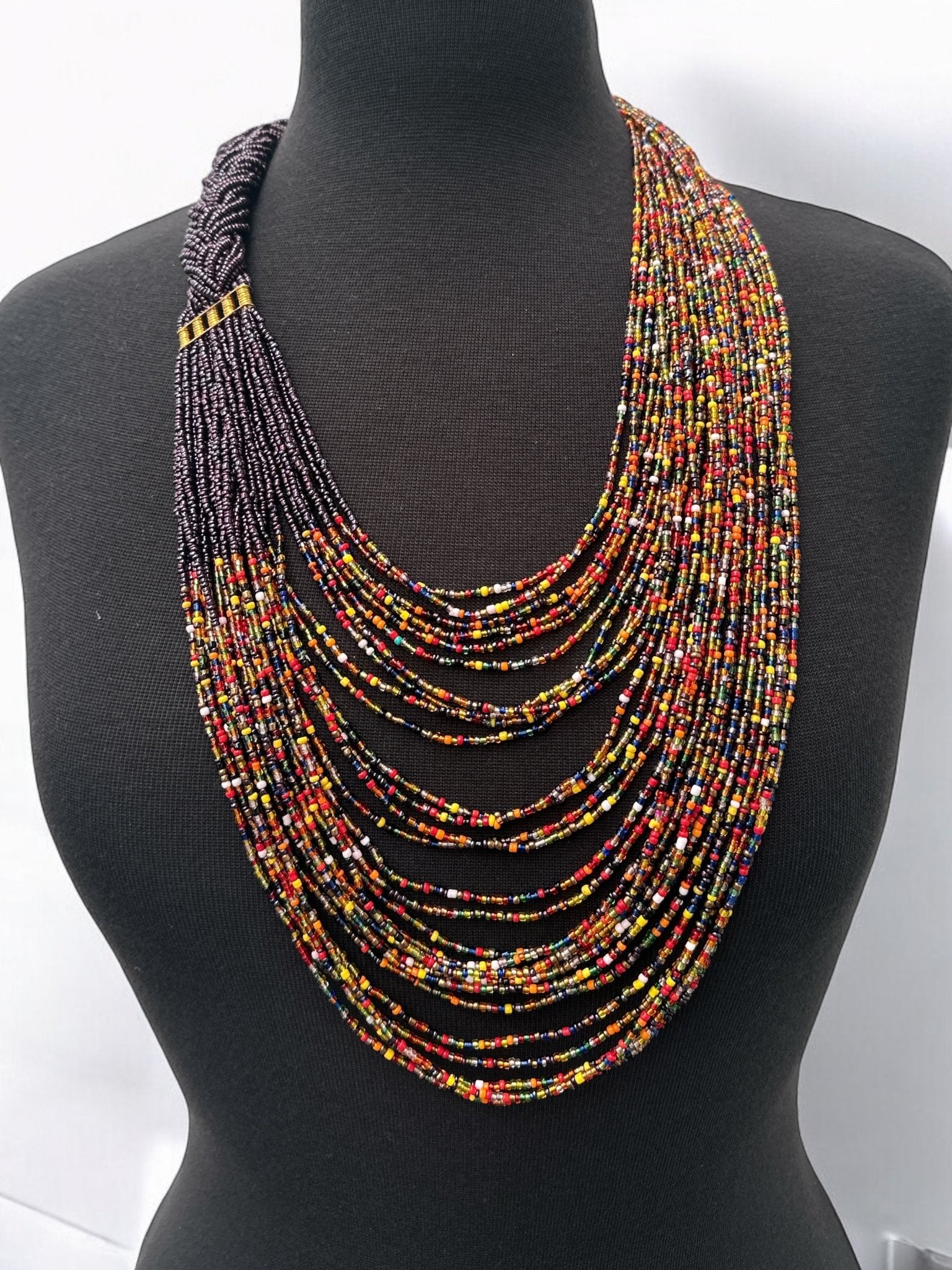 Long Purple And Multicolours Braided Beaded African Ethnic Necklace - Fatisha Boutique