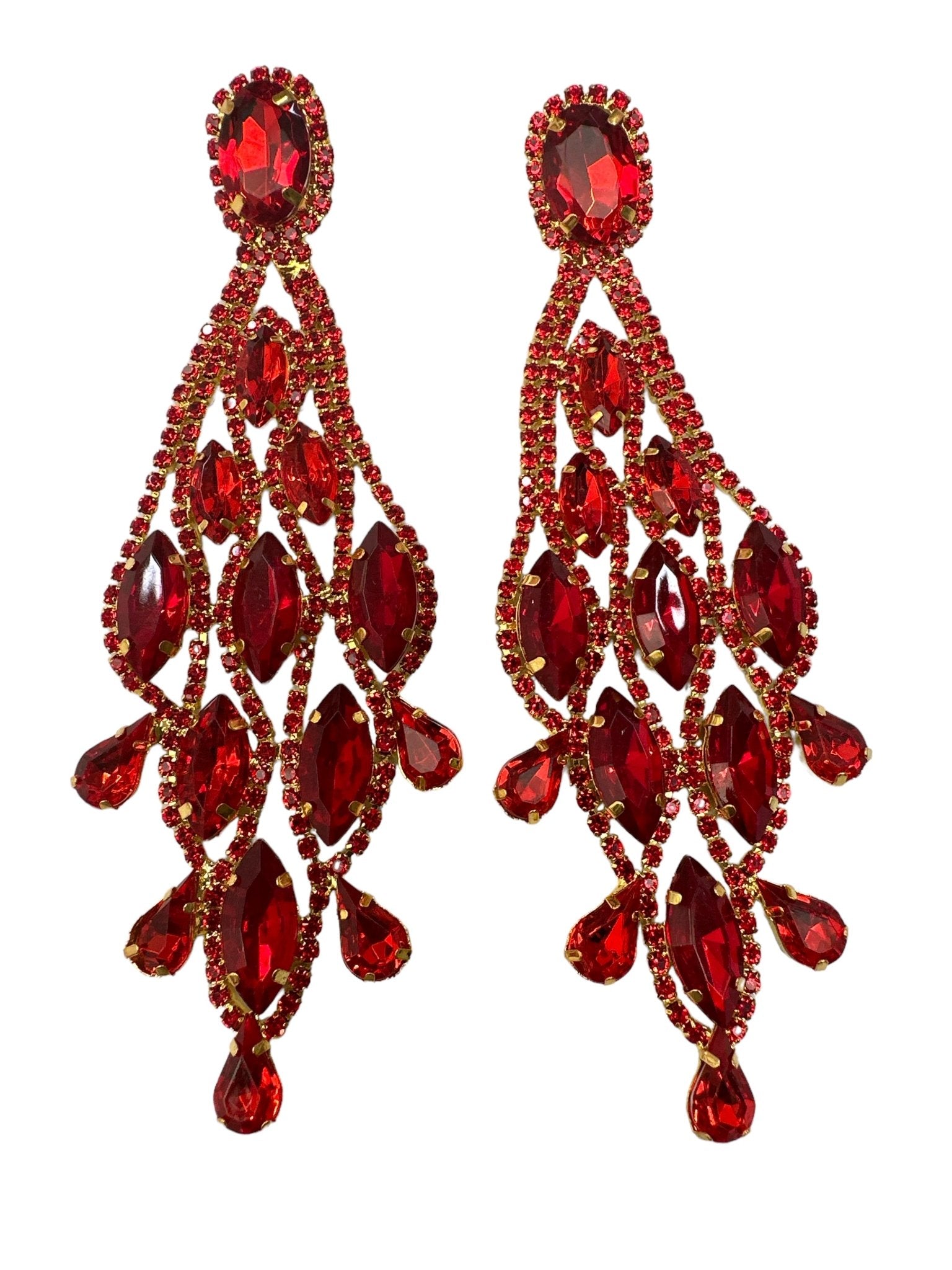 Long Red Glamorous Diamante Rhinestone Teardrop Tassel Earrings - Fatisha Boutique