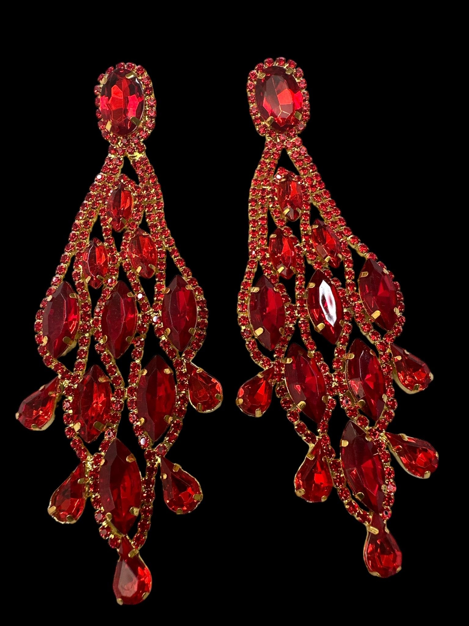 Long Red Glamorous Diamante Rhinestone Teardrop Tassel Earrings - Fatisha Boutique