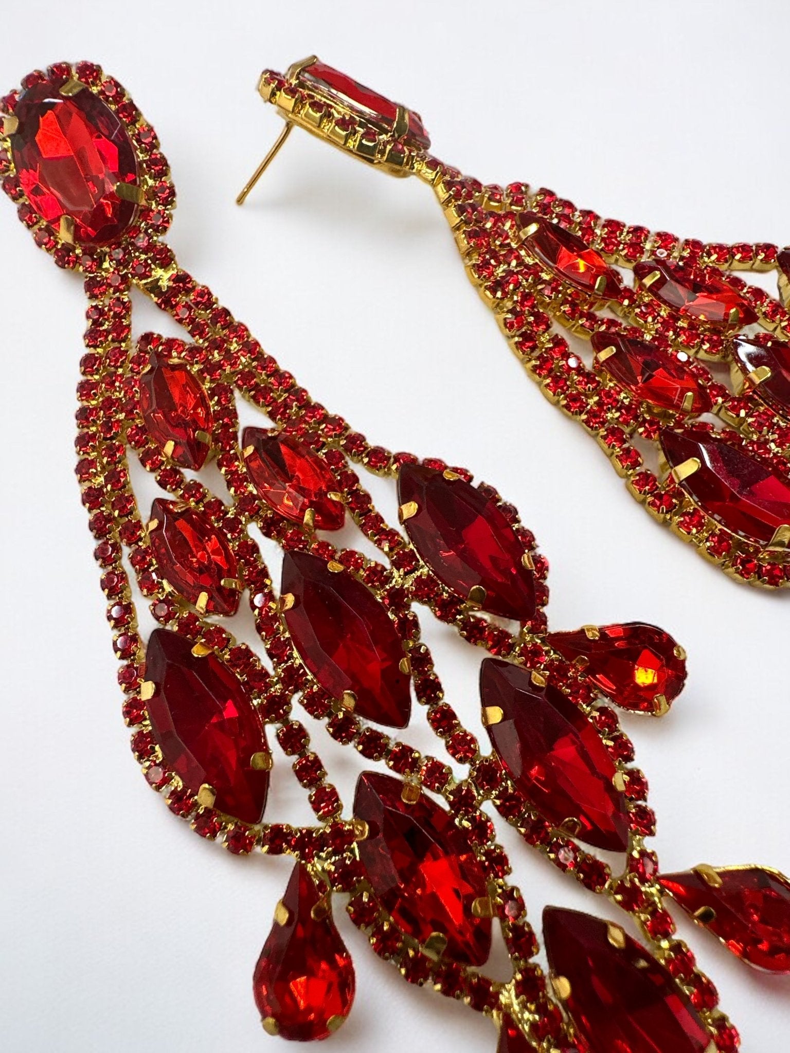 Long Red Glamorous Diamante Rhinestone Teardrop Tassel Earrings - Fatisha Boutique