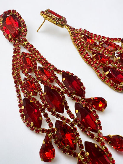 Long Red Glamorous Diamante Rhinestone Teardrop Tassel Earrings - Fatisha Boutique