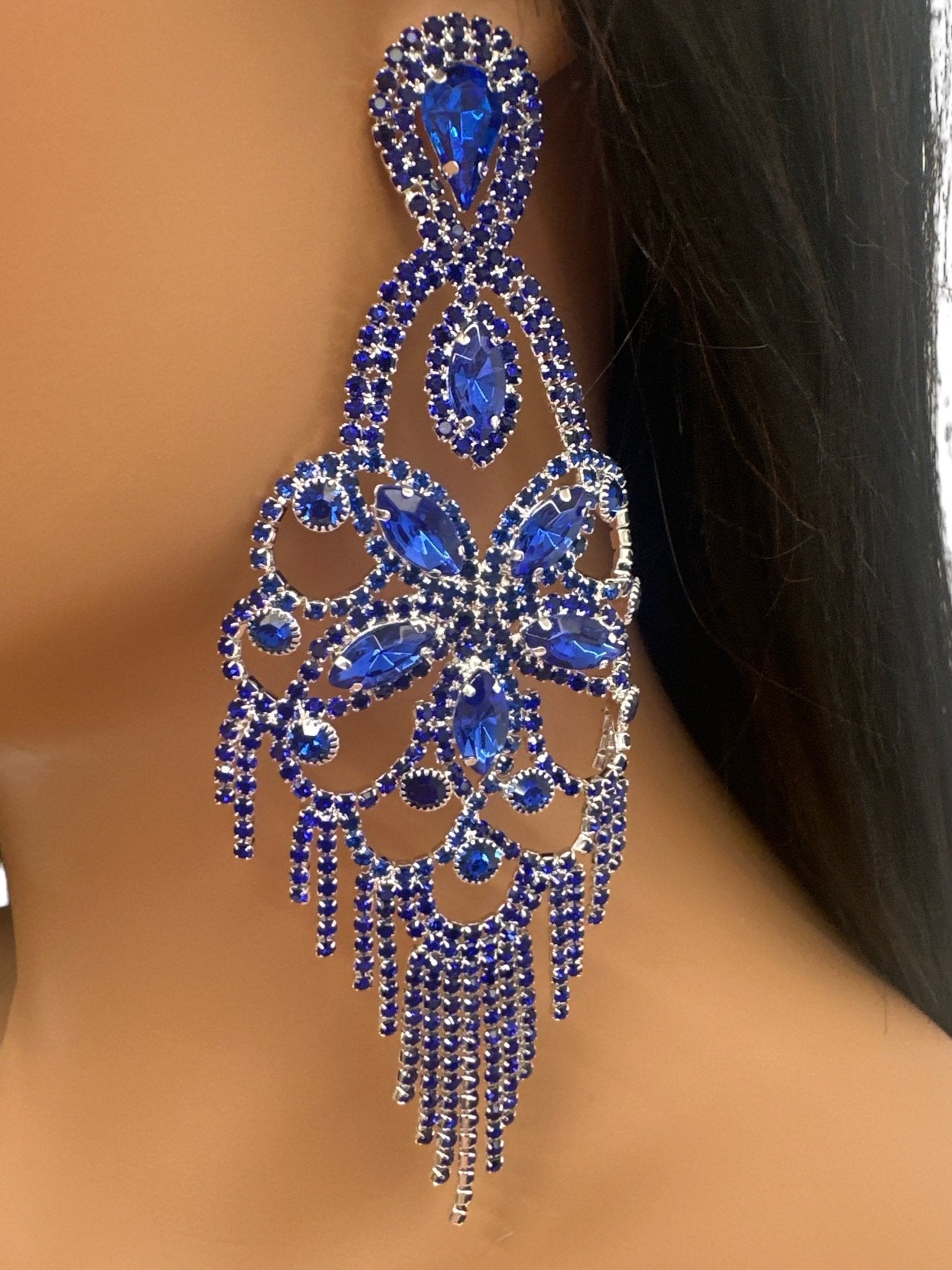 Long Statement Rhinestone Chandelier Tassel Earrings - Fatisha Boutique