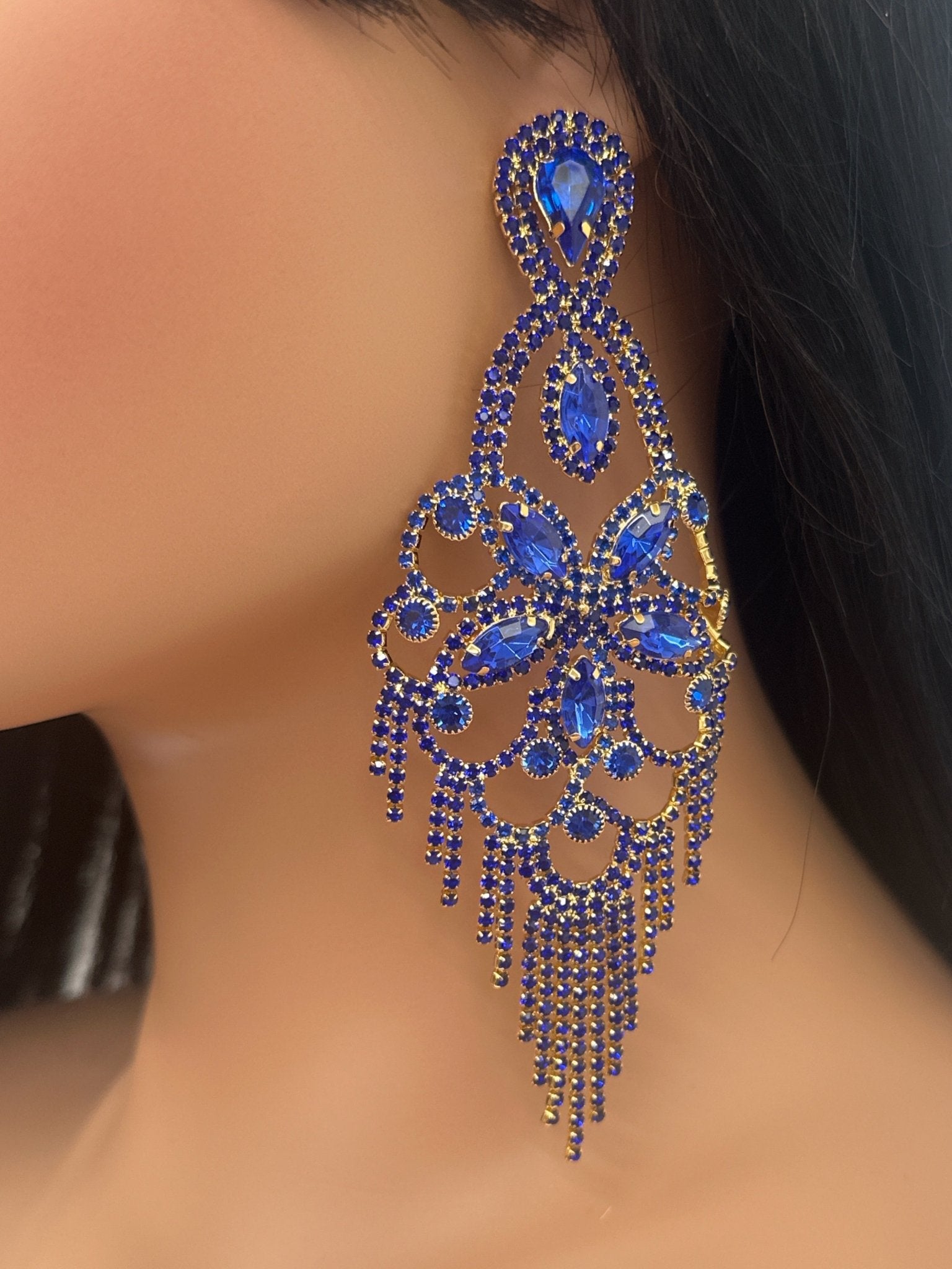Long Statement Rhinestone Chandelier Tassel Earrings - Fatisha Boutique