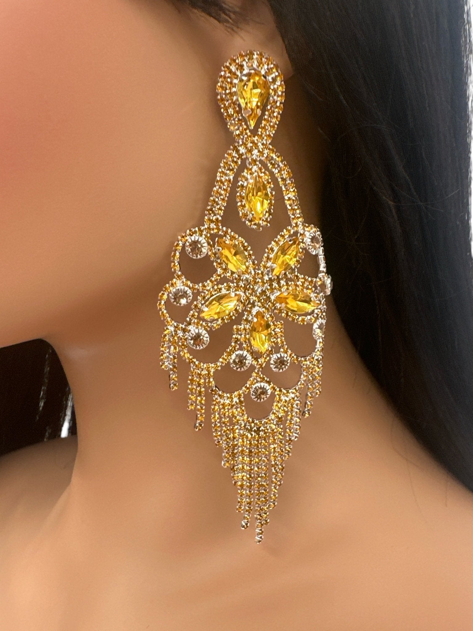 Long Statement Rhinestone Chandelier Tassel Earrings - Fatisha Boutique