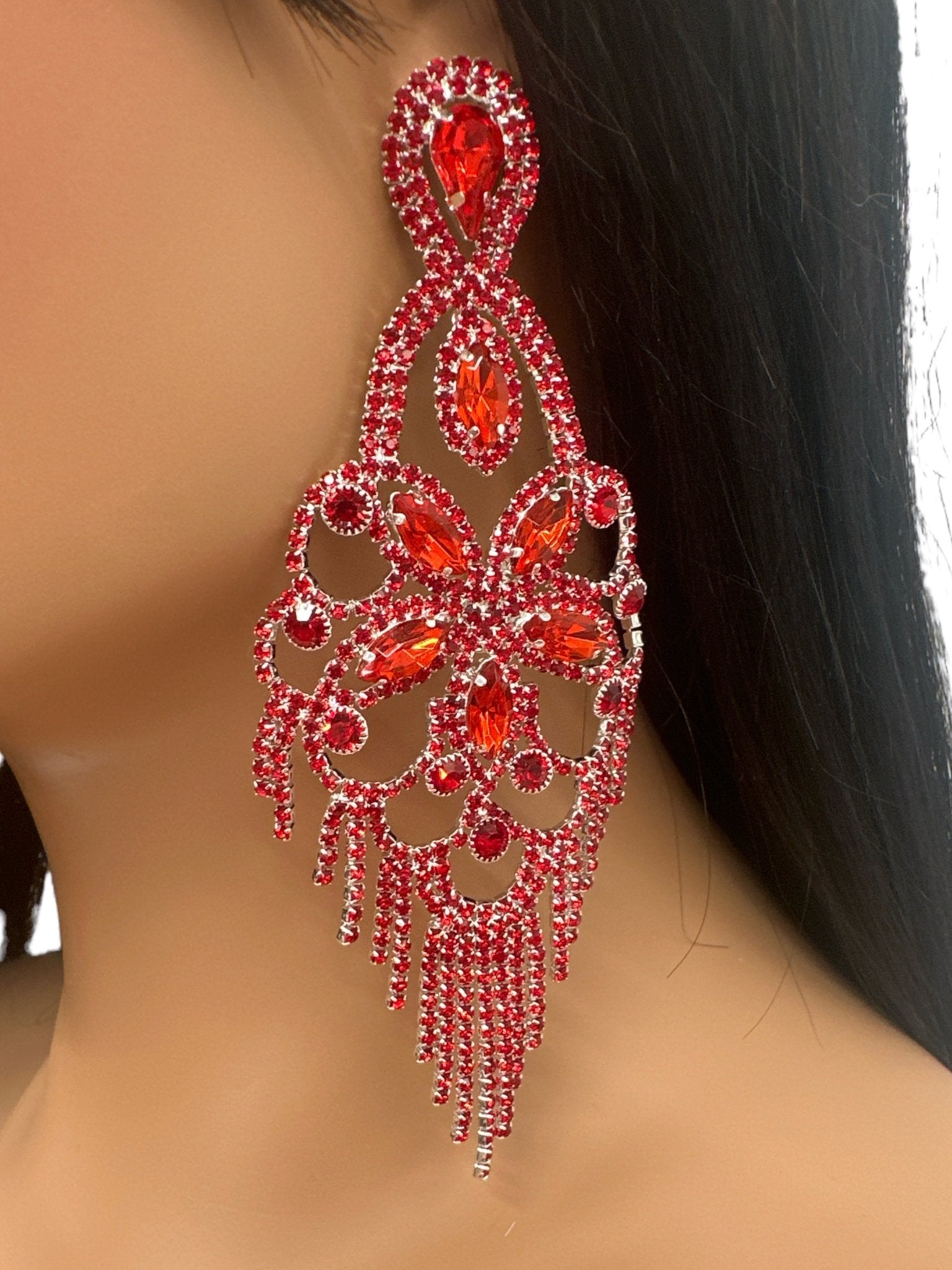 Long Statement Rhinestone Chandelier Tassel Earrings - Fatisha Boutique