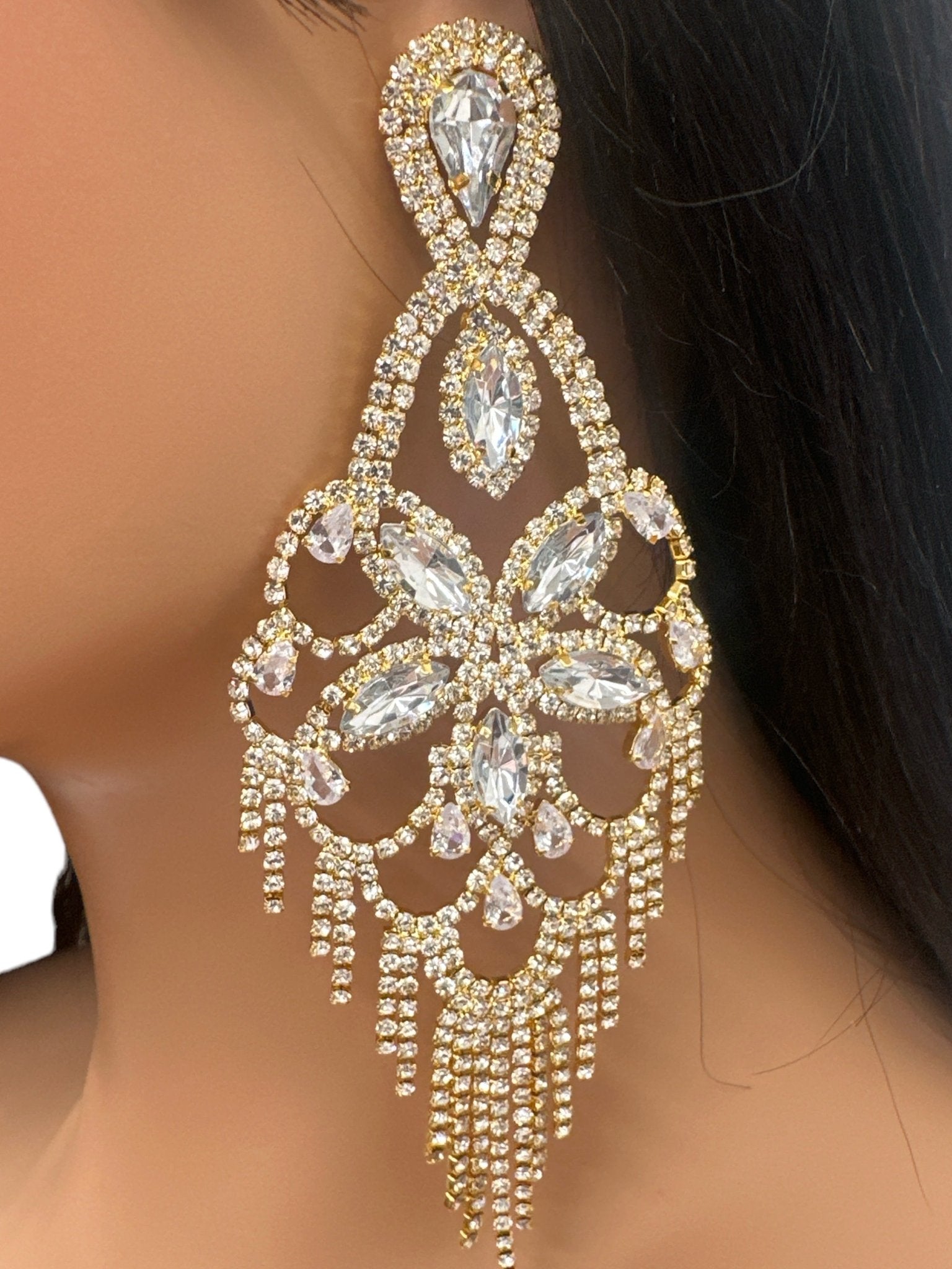 Long Statement Rhinestone Chandelier Tassel Earrings - Fatisha Boutique